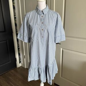 Zara Blue and White Striped Shirt Dress with Ruffle Hem Size S